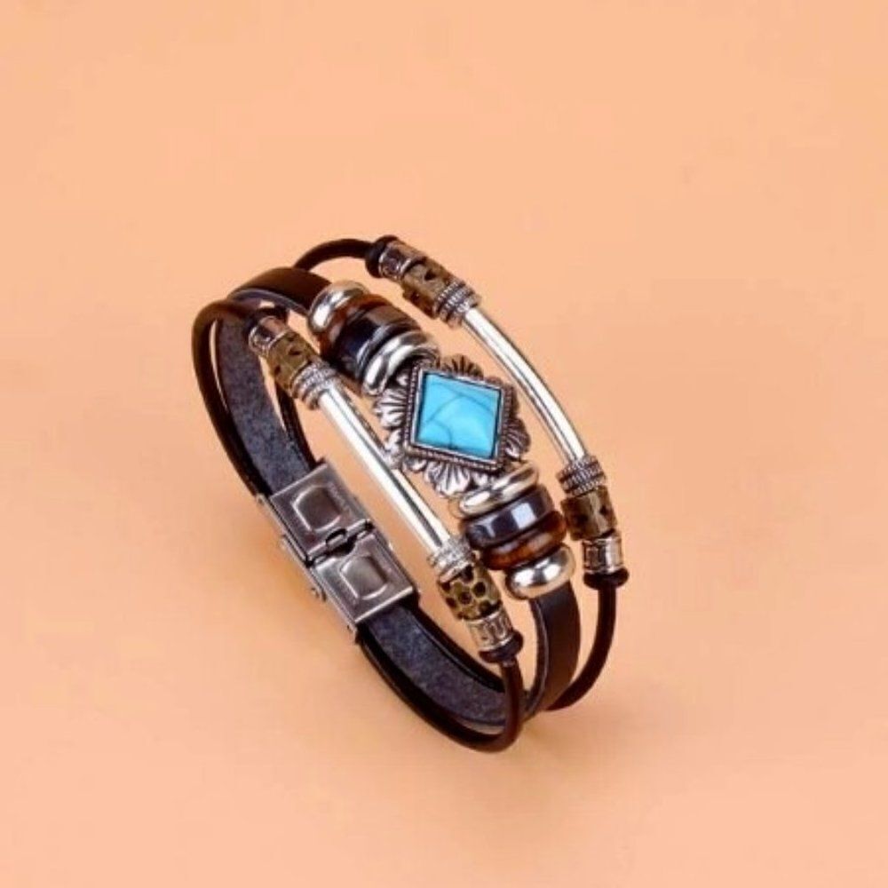 GEOMETRIC SILVER TURQUOISE BLACK MULTLAYERED BRACELET